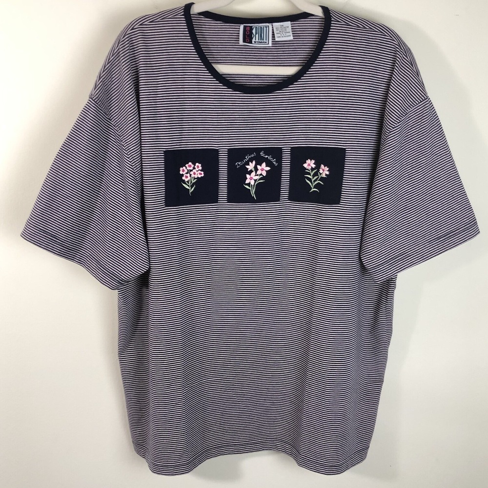 Vintage Bold Spirit Woman Striped Flower Patches T Shirt Navy Light Pink/White